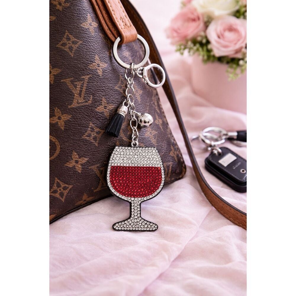 Rhinestone Wine Glass Keychain Purse Charm Crystal Red Wine Bag Charm New - Picture 2 of 8